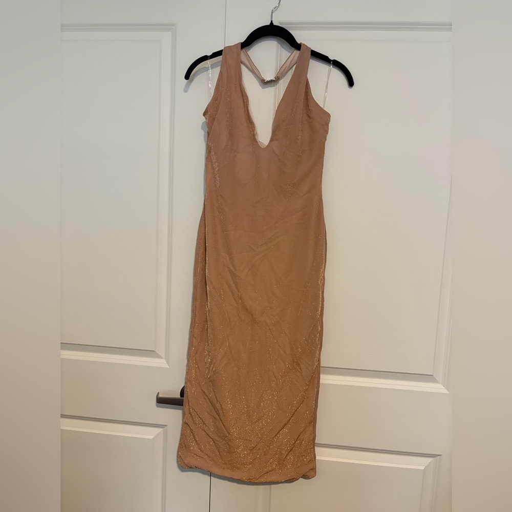 Oh Polly Beige Midi Dress with Deep V Neck